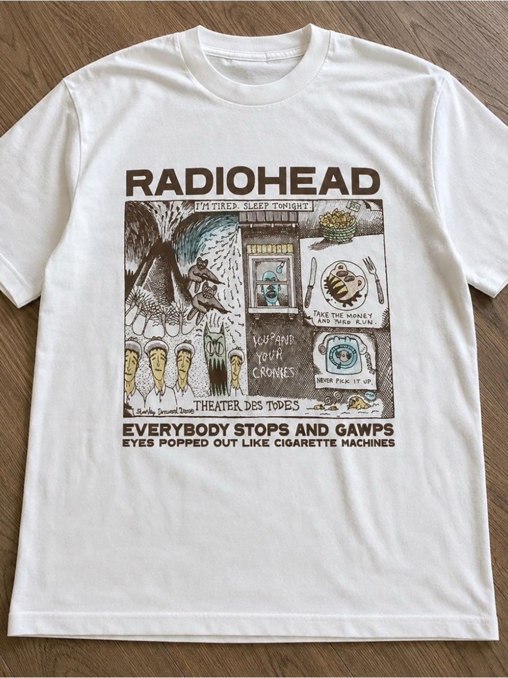 Gildan White Radiohead Graphic Tee with Brown & Muted Multicolor Art